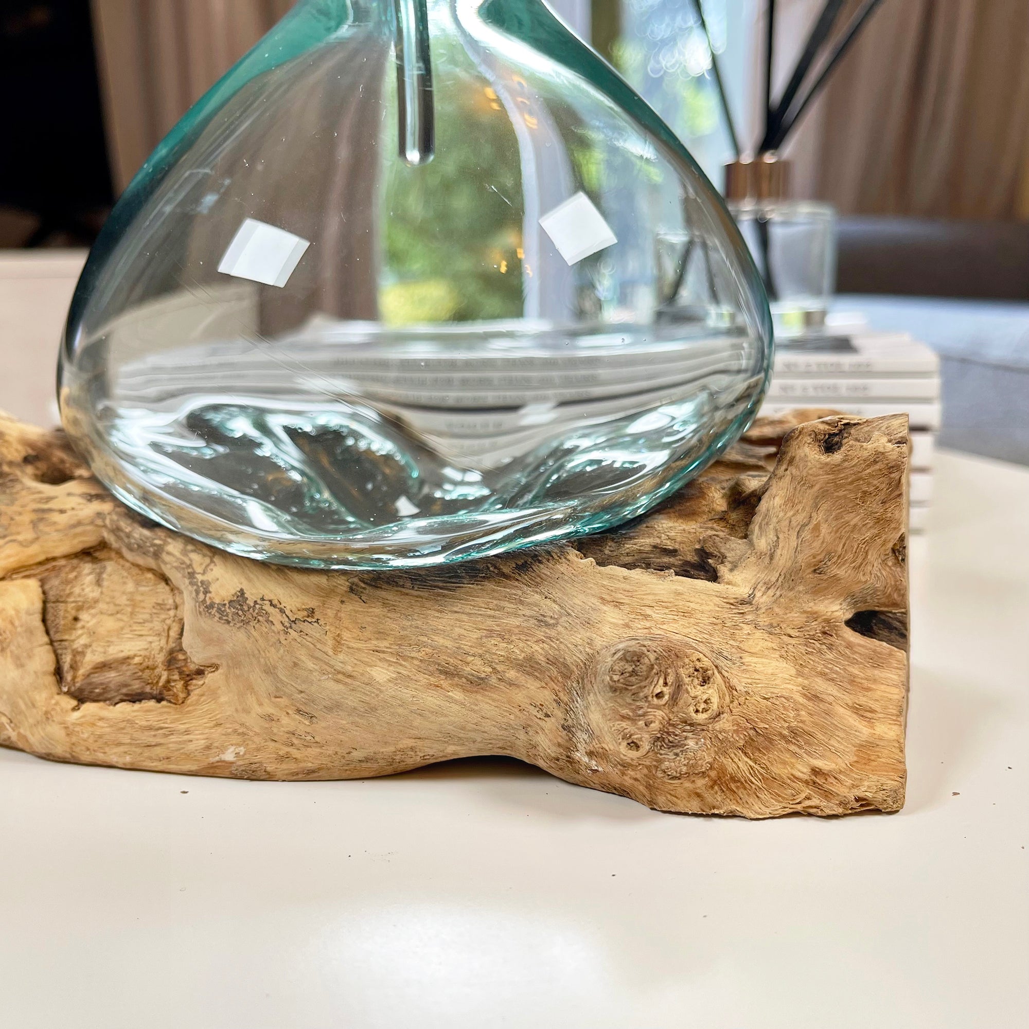 Molten Glass Decanter Teak Root Stand