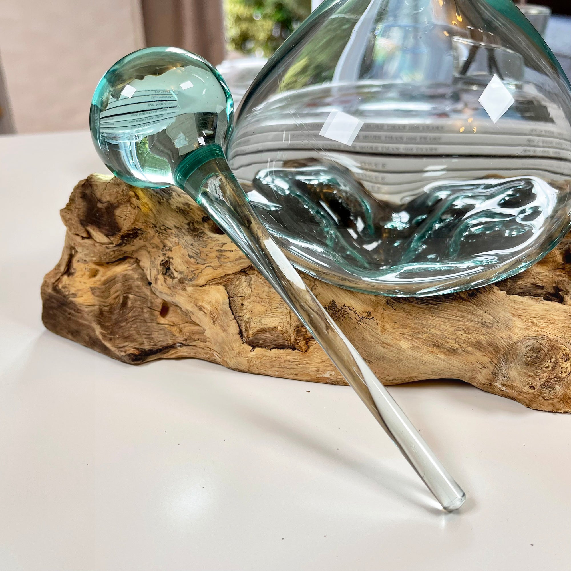 Molten Glass Decanter Teak Root Stand