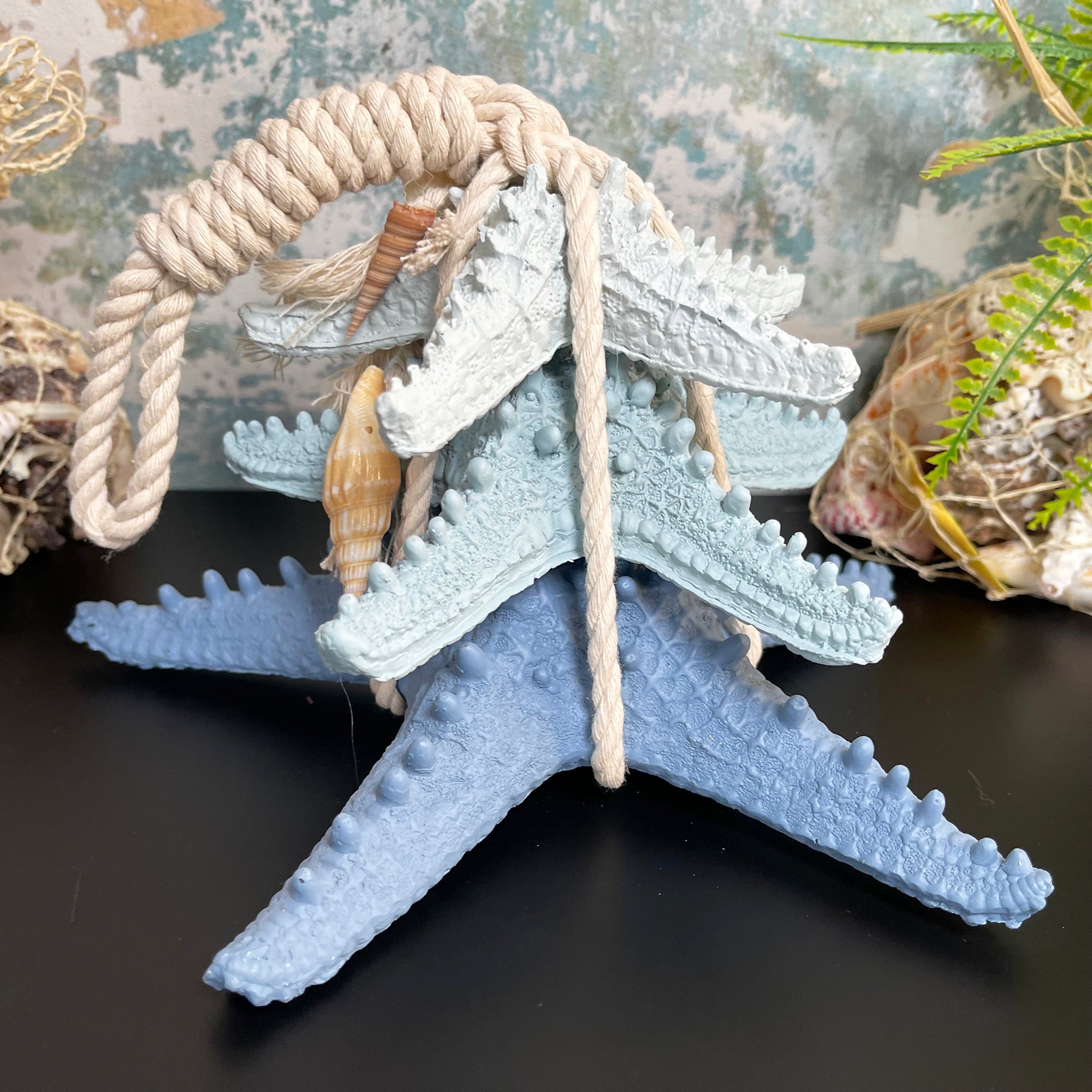 Blue & White Starfish In Rope Ornament