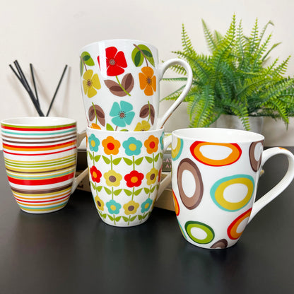 Ceramic Set Of 4 Retro 70s Mugs 350ml