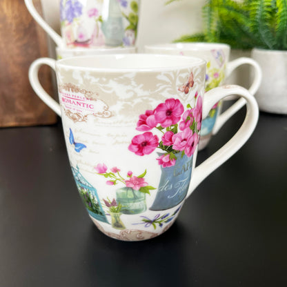 Set mit 4 Tassen mit Blumenmuster im französischen Landhausstil
