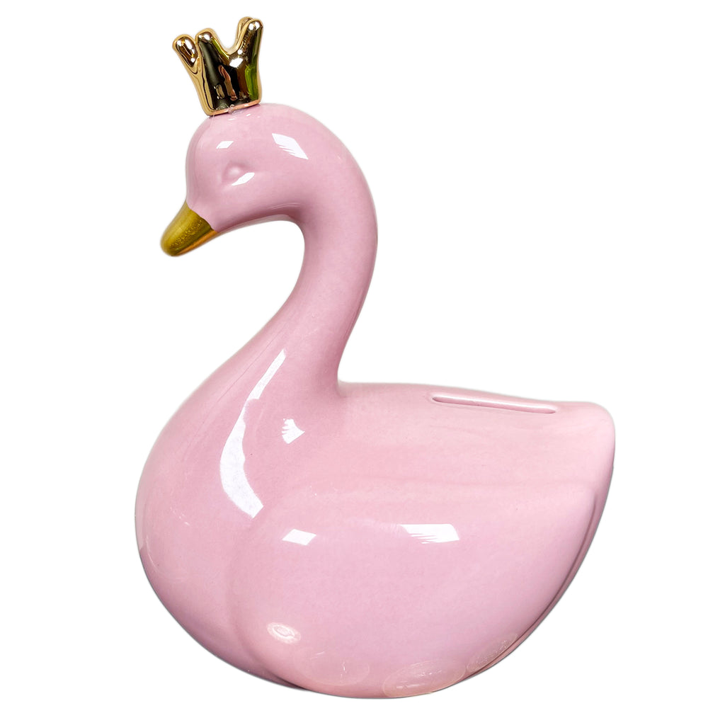 Spardose mit gekröntem rosa Schwan