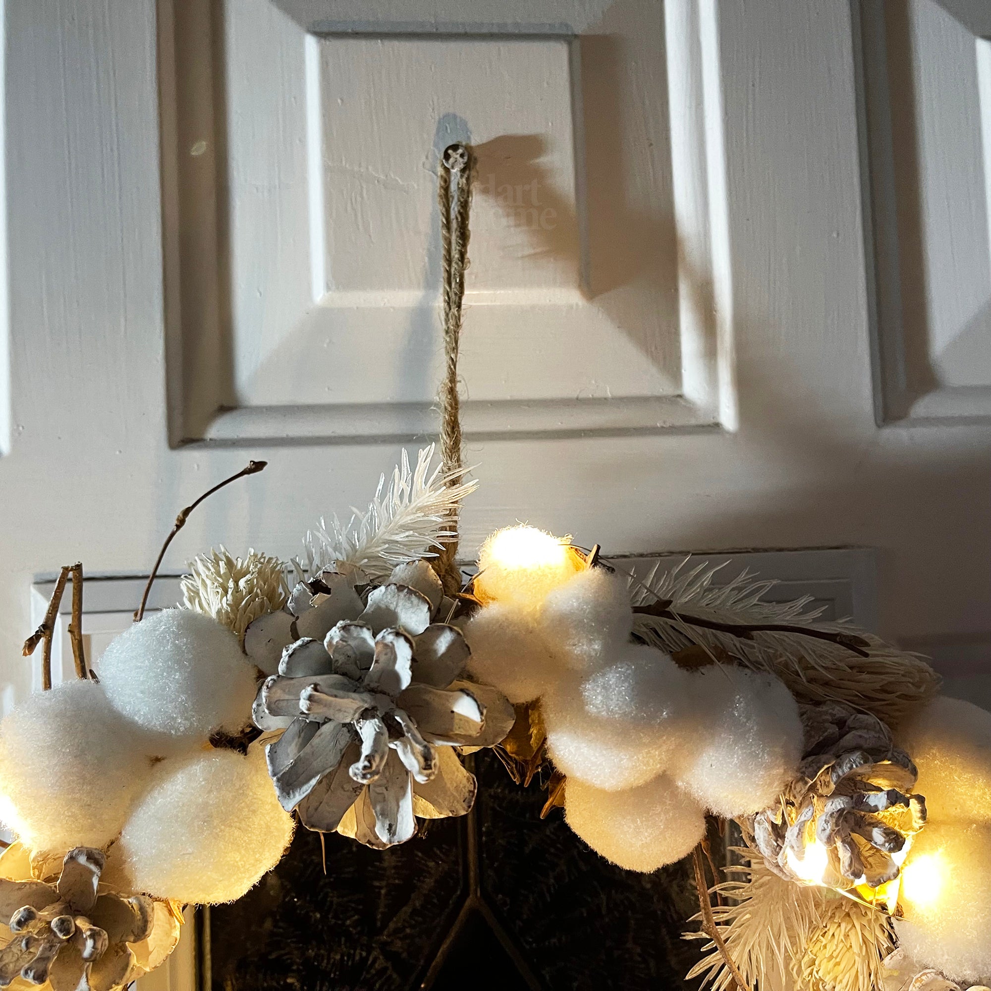 Dried Cotton & Pine Cone Light Up Christmas Wreath