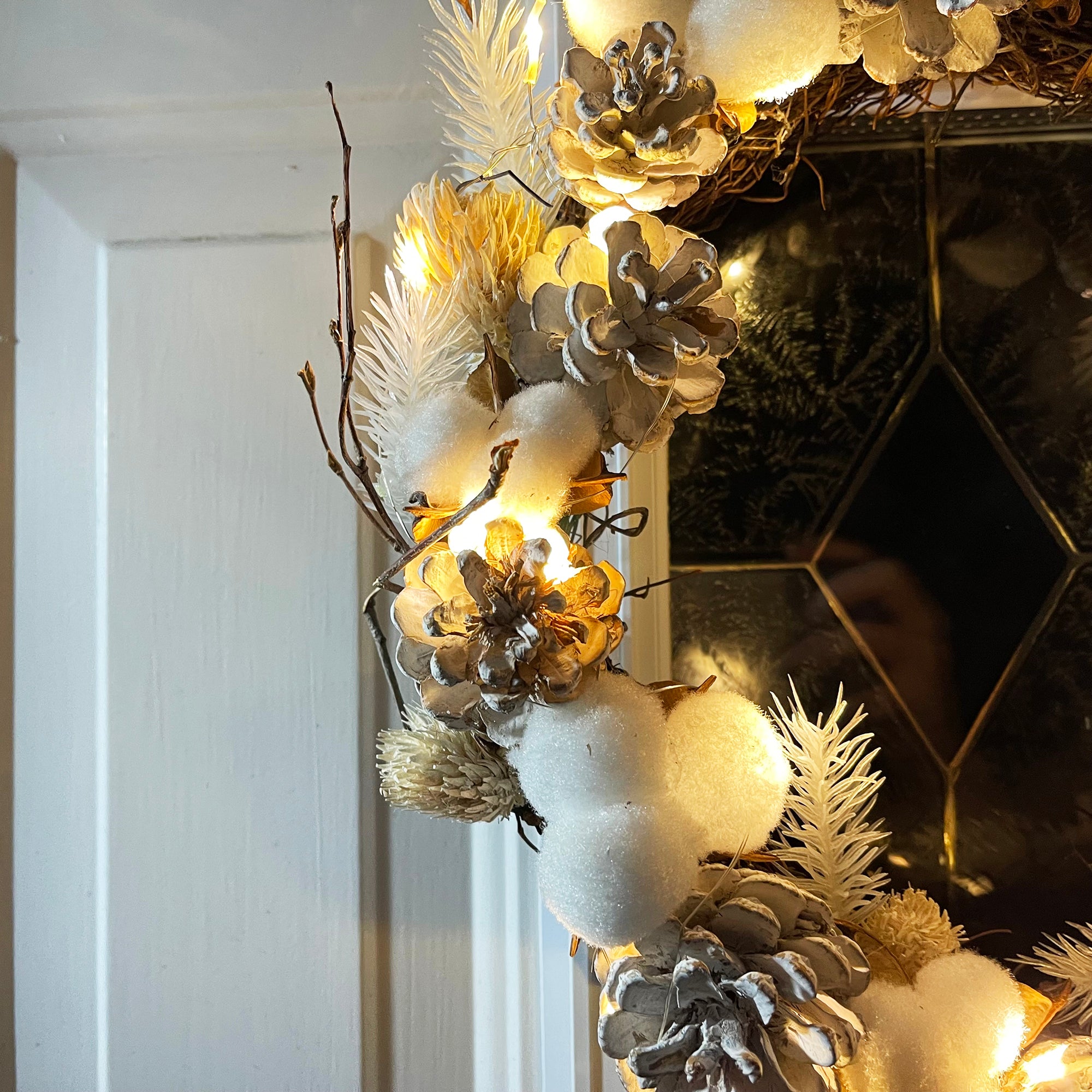 Dried Cotton & Pine Cone Light Up Christmas Wreath