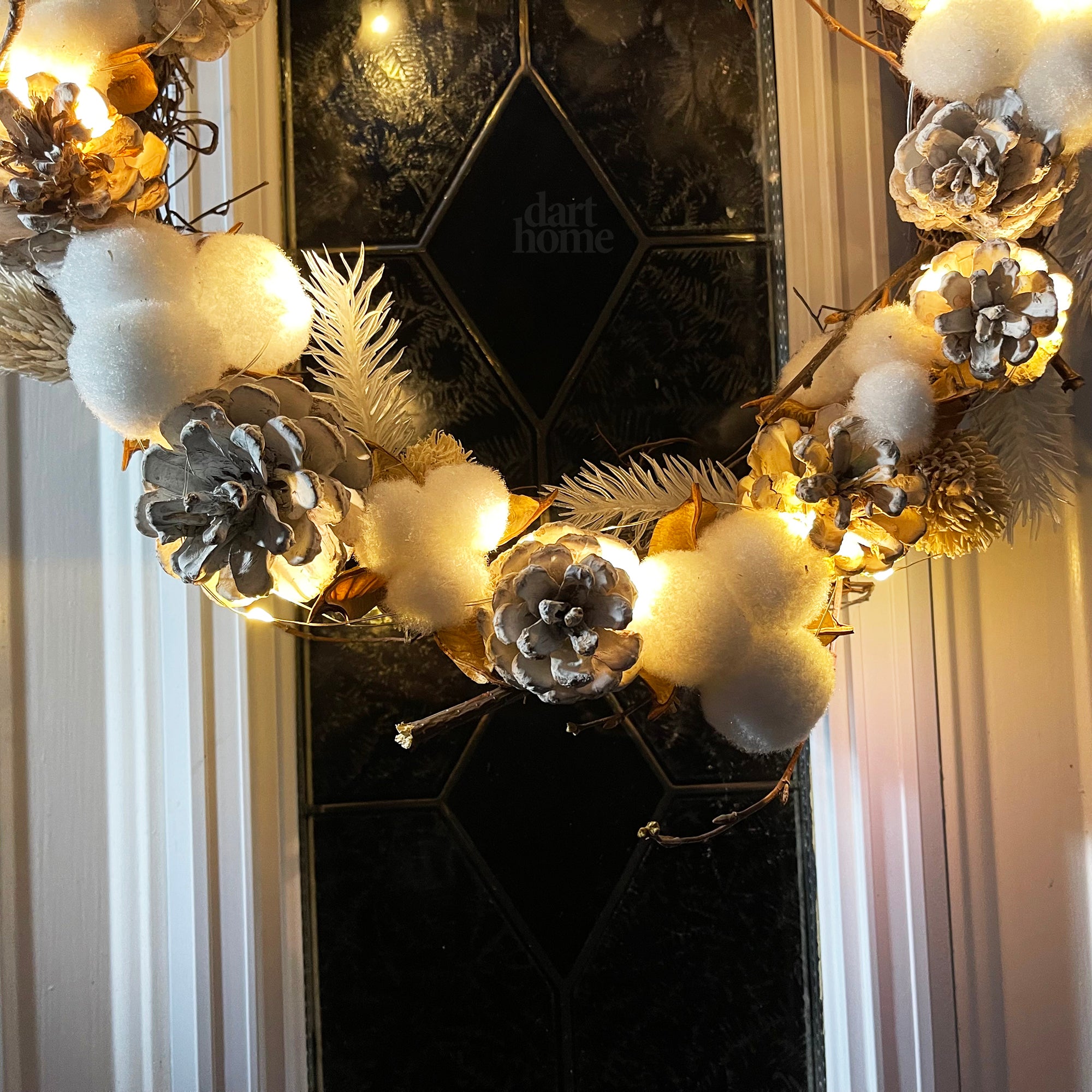 Dried Cotton & Pine Cone Light Up Christmas Wreath