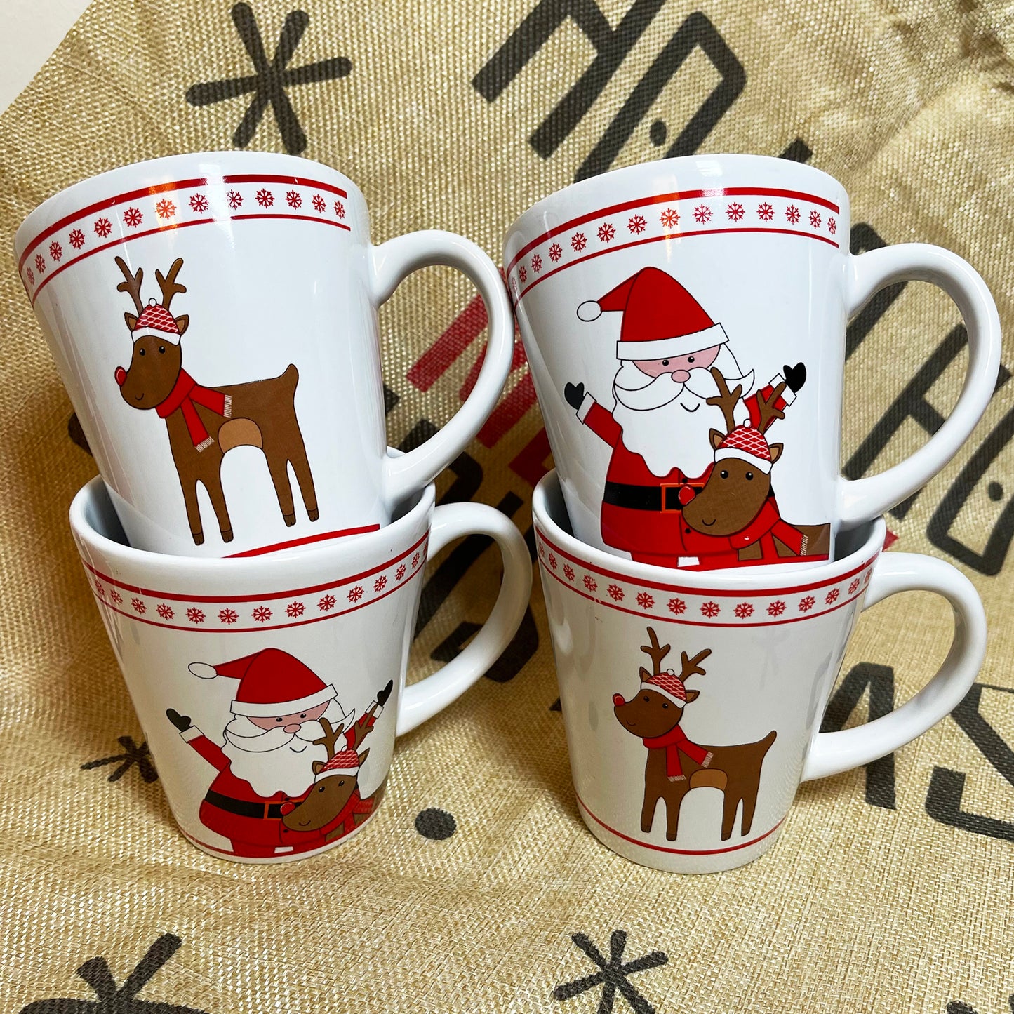 Set Of 4 Santa And Rudolph Christmas Mugs