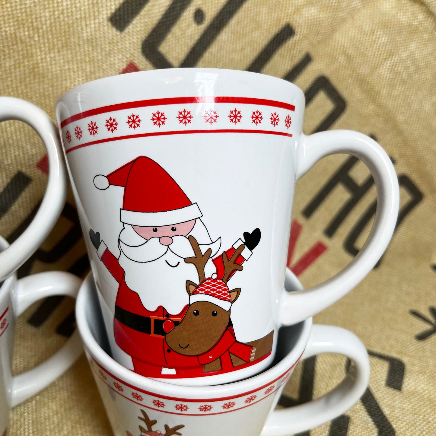 Set Of 4 Santa And Rudolph Christmas Mugs