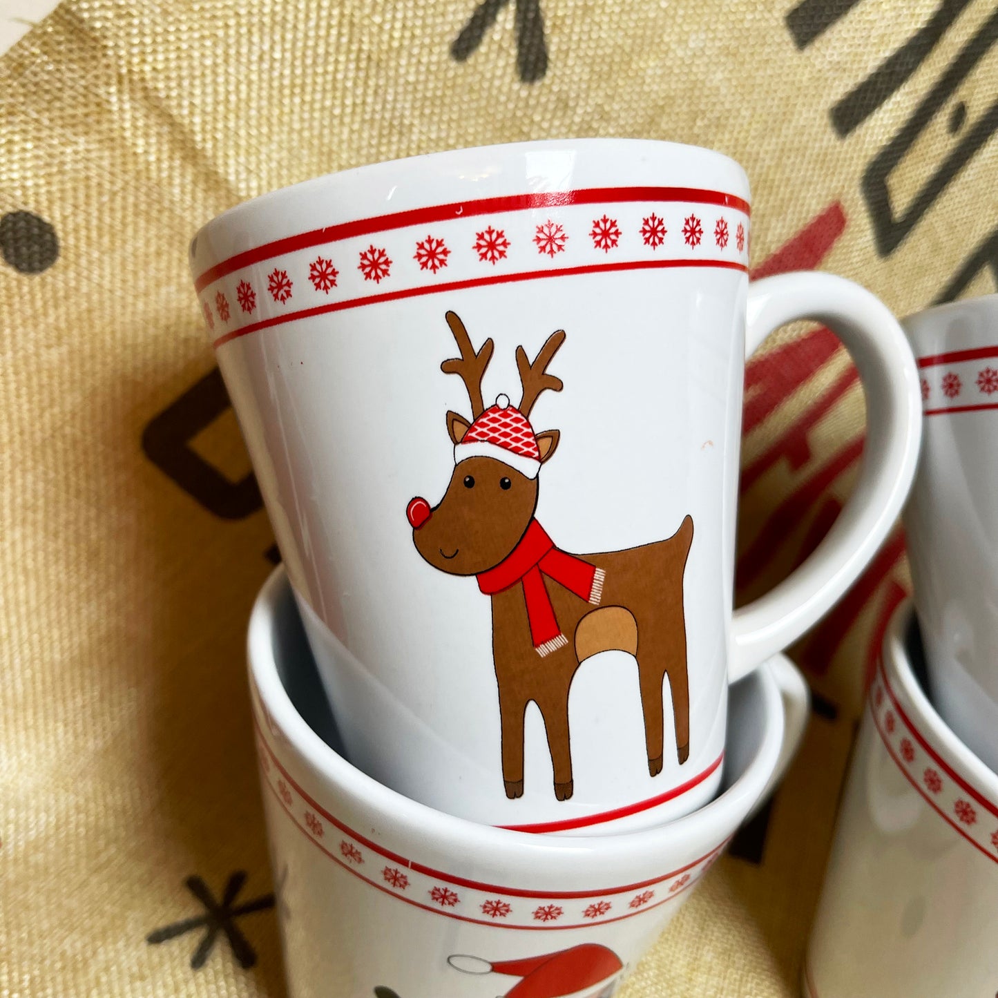 Set Of 4 Santa And Rudolph Christmas Mugs