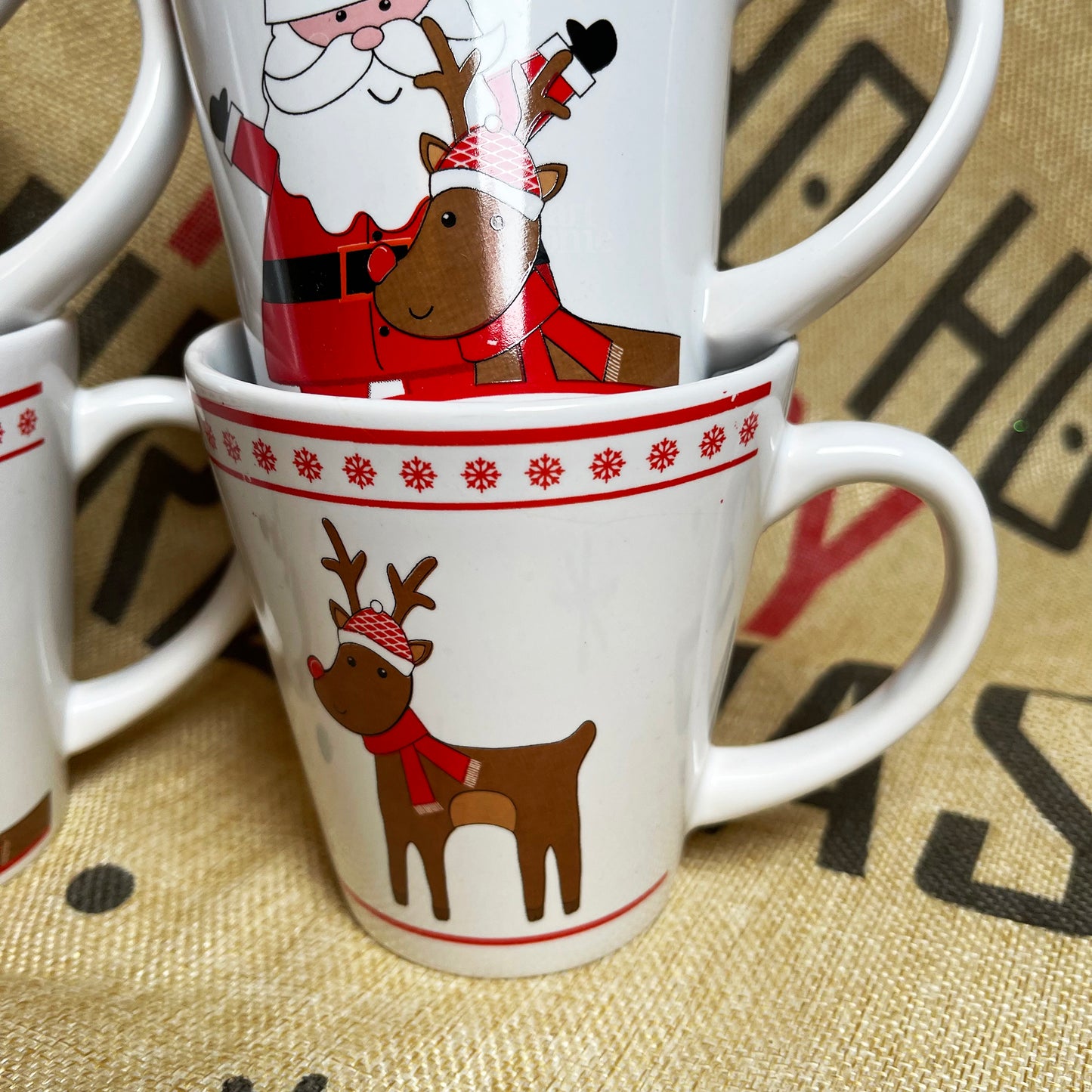 Set Of 4 Santa And Rudolph Christmas Mugs