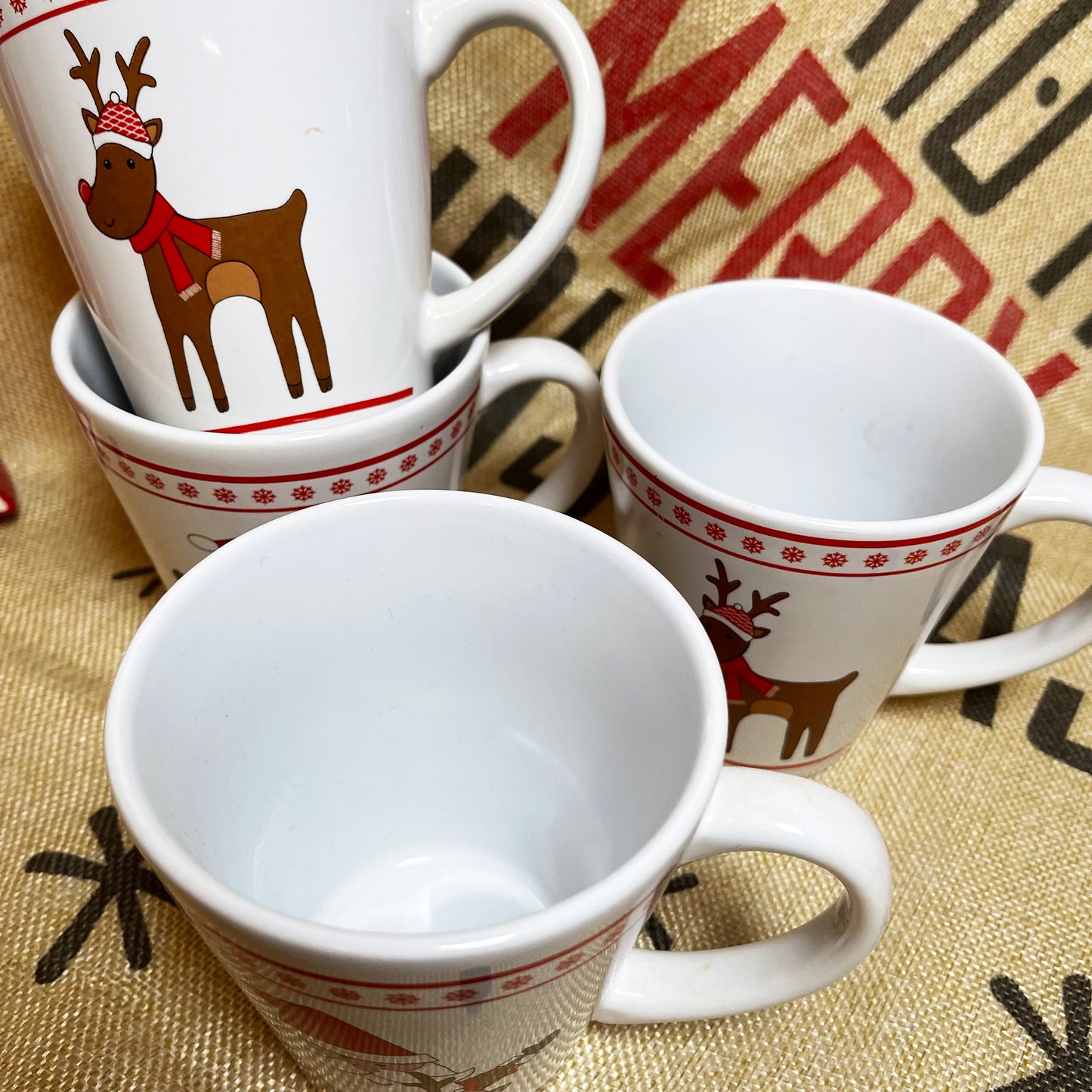 Set Of 4 Santa And Rudolph Christmas Mugs