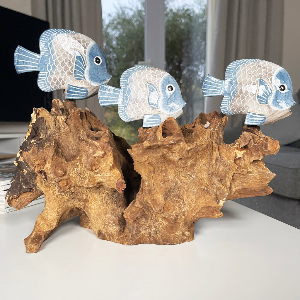 Blue Fish On Teak Root Coral Reef Sculpture