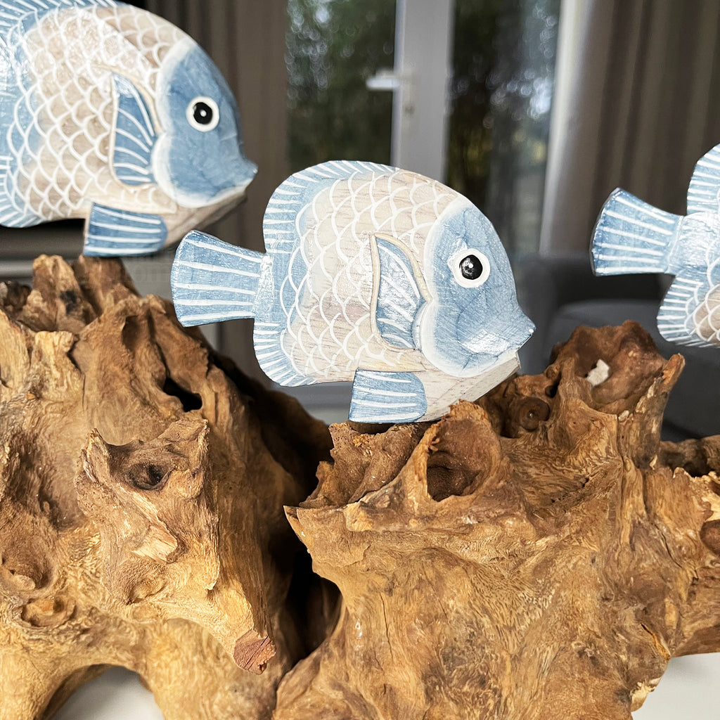 Blue Fish On Teak Root Coral Reef Sculpture