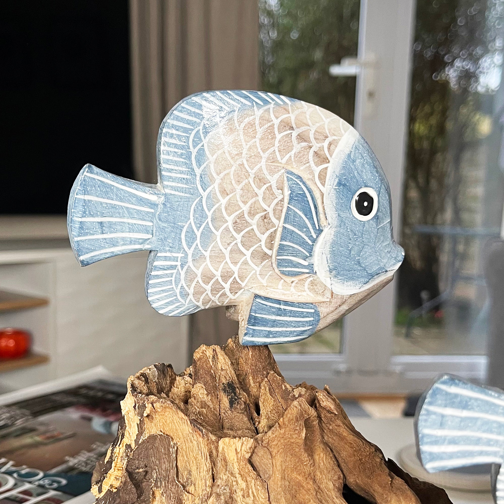 Blue Fish On Teak Root Coral Reef Sculpture