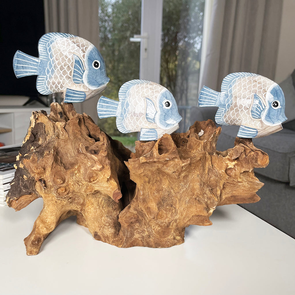 Blue Fish On Teak Root Coral Reef Sculpture