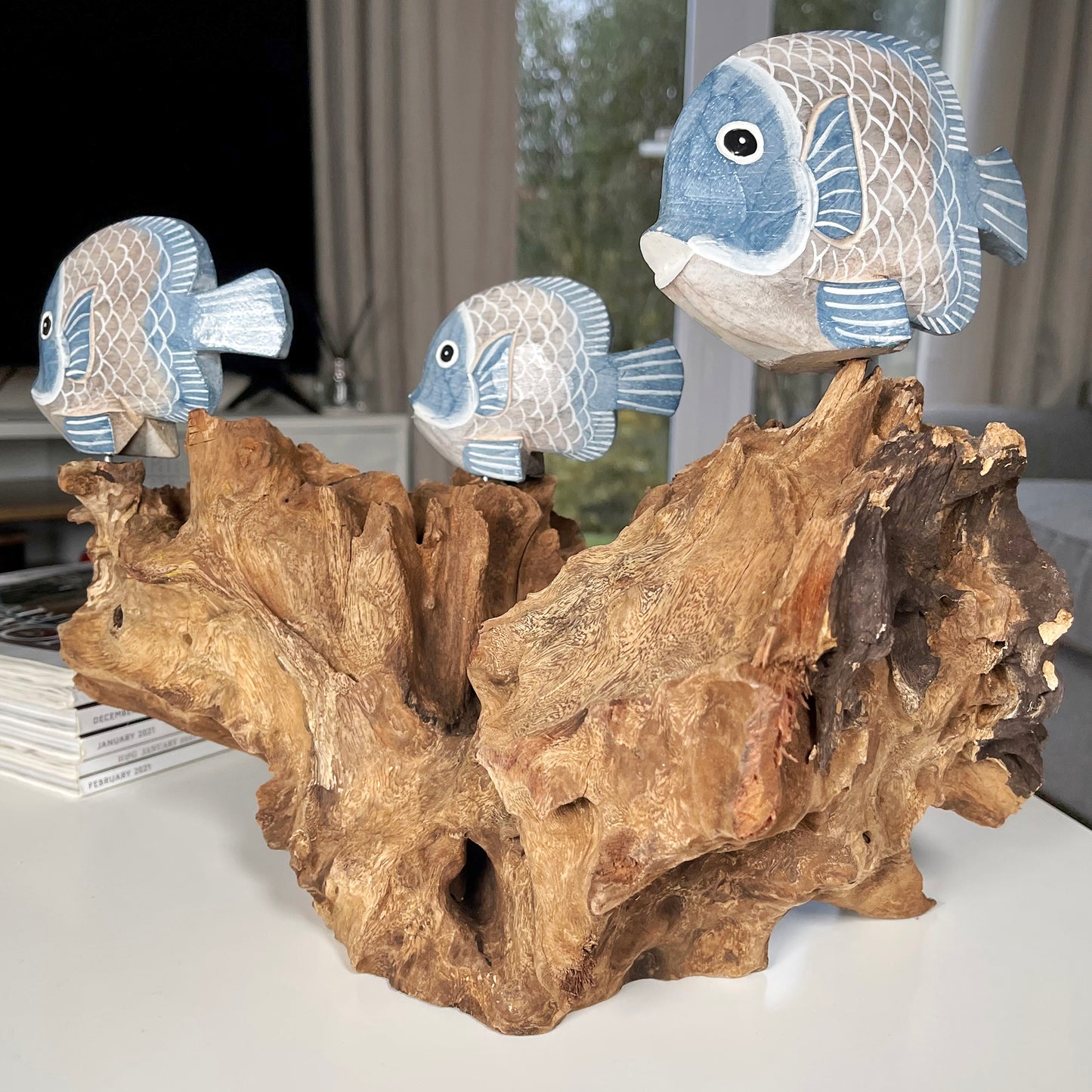 Blue Fish On Teak Root Coral Reef Sculpture