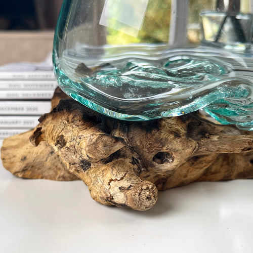 12cm Molten Glass Bowl With Teak Root Stand