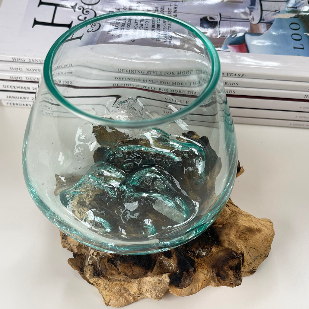 12cm Molten Glass Bowl With Teak Root Stand