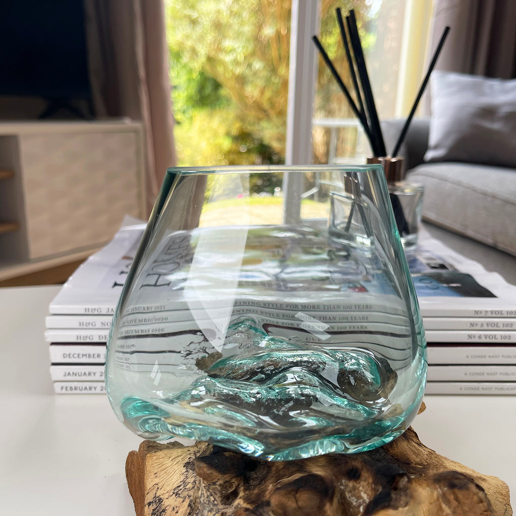 12cm Molten Glass Bowl With Teak Root Stand