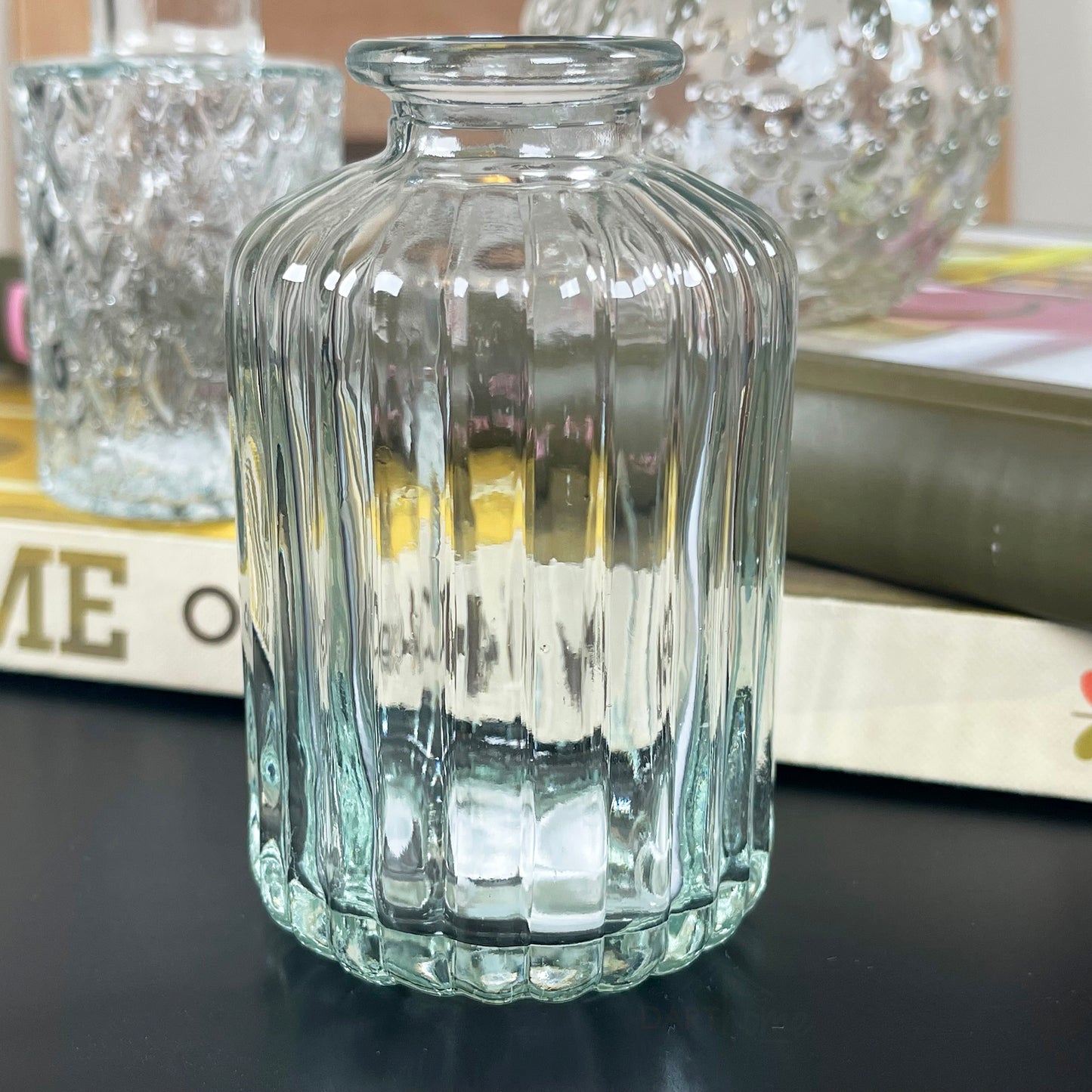 Set Of 4 Bottle Ribbed Glass Vases