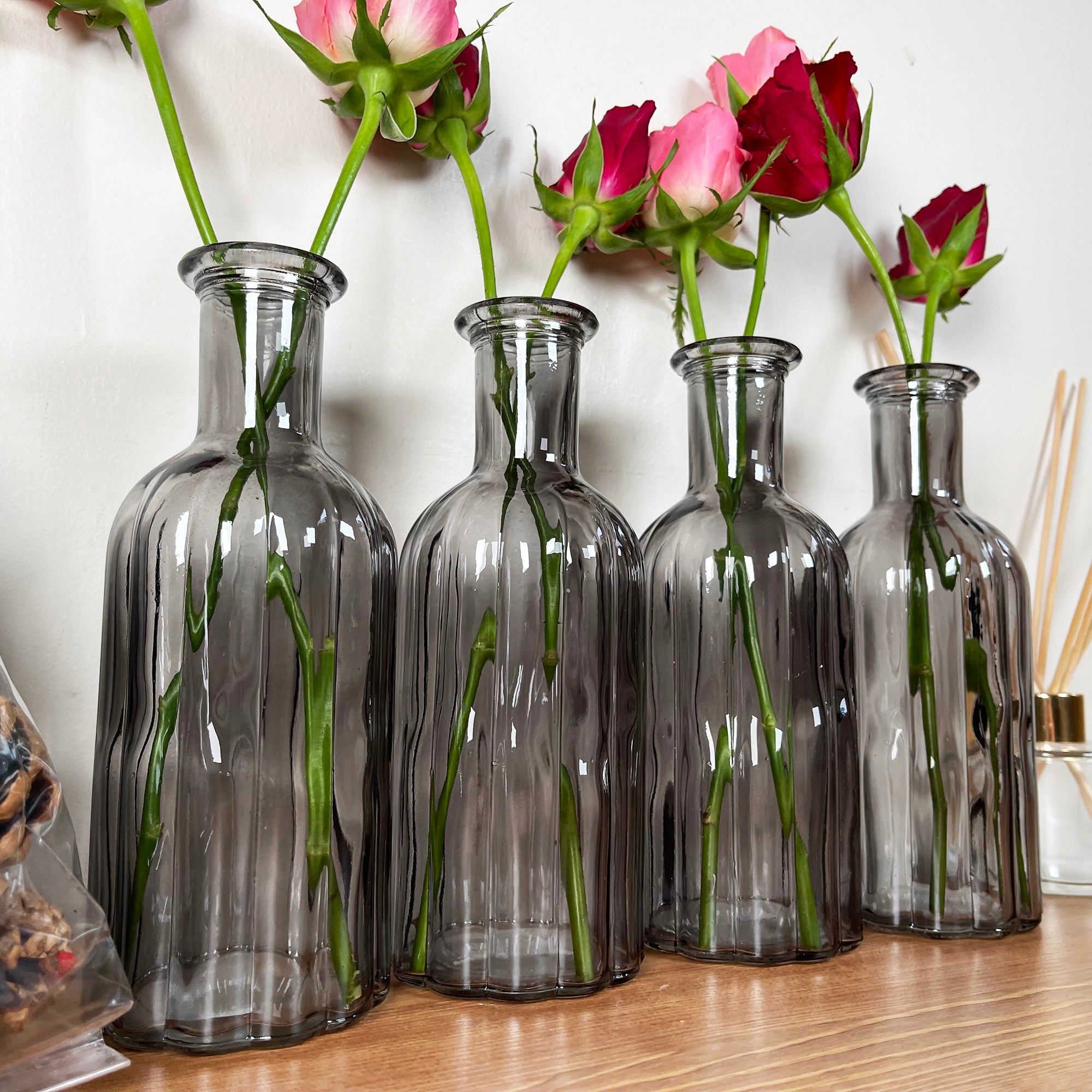 Set Of 4 Smoky Grey Bottle Vases
