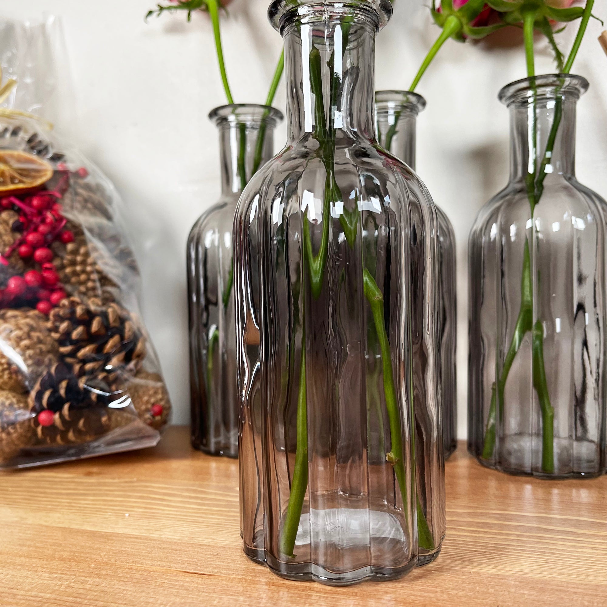 Set Of 4 Smoky Grey Bottle Vases