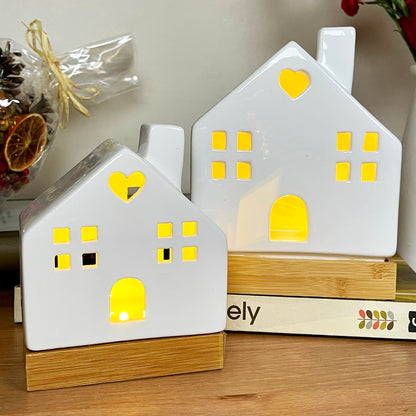 Light Up Ceramic House Ornaments With Wood Base