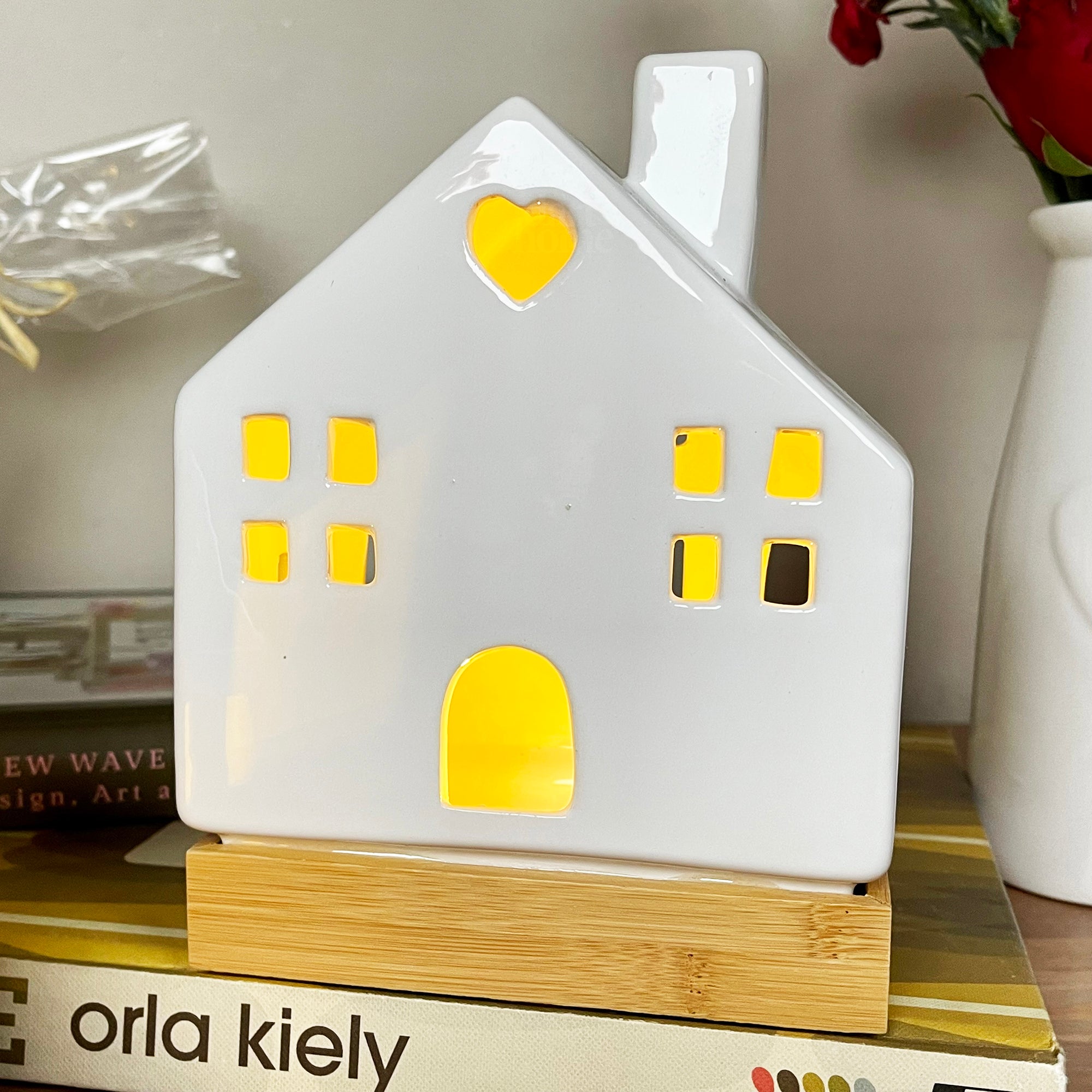 Light Up Ceramic House Ornaments With Wood Base