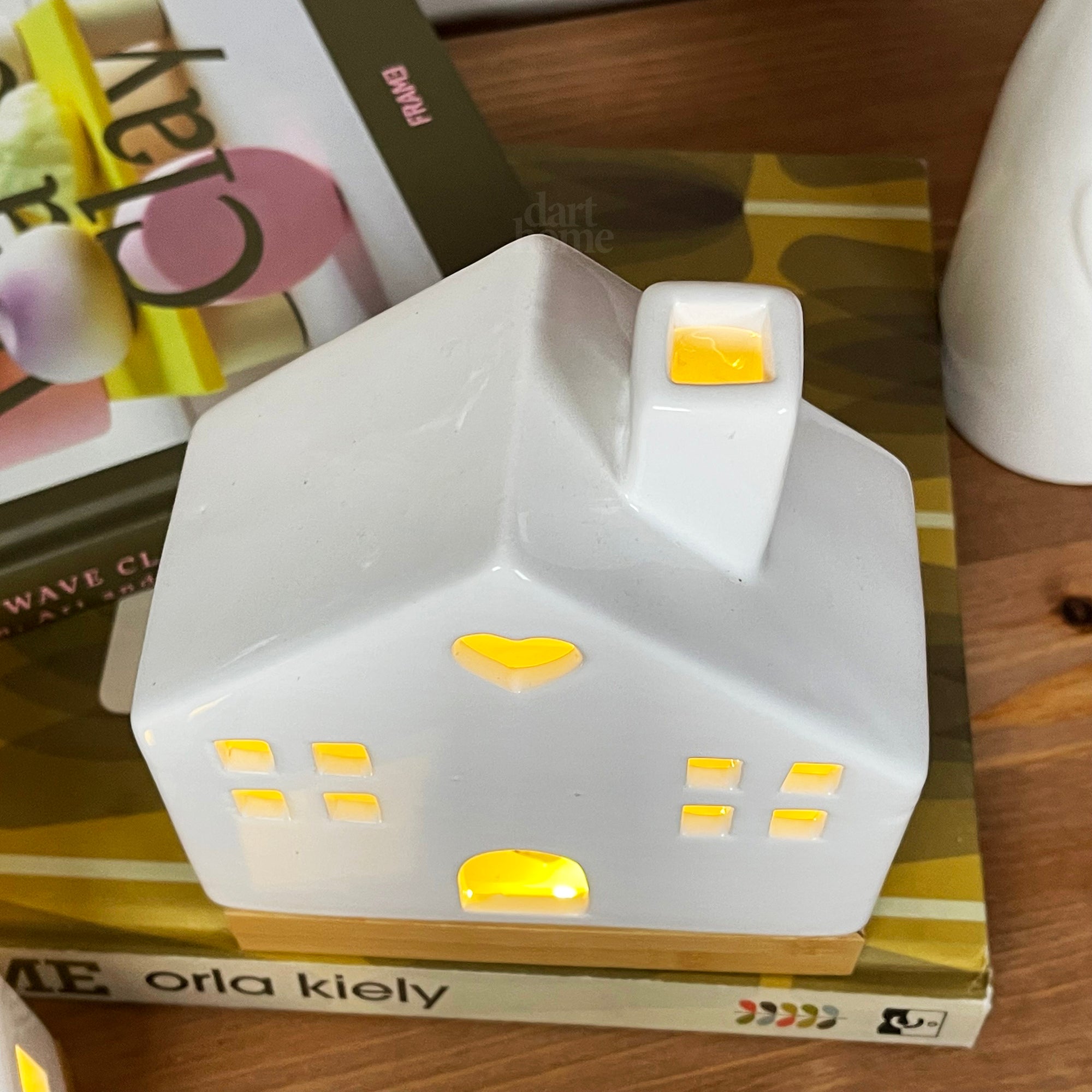 Light Up Ceramic House Ornaments With Wood Base
