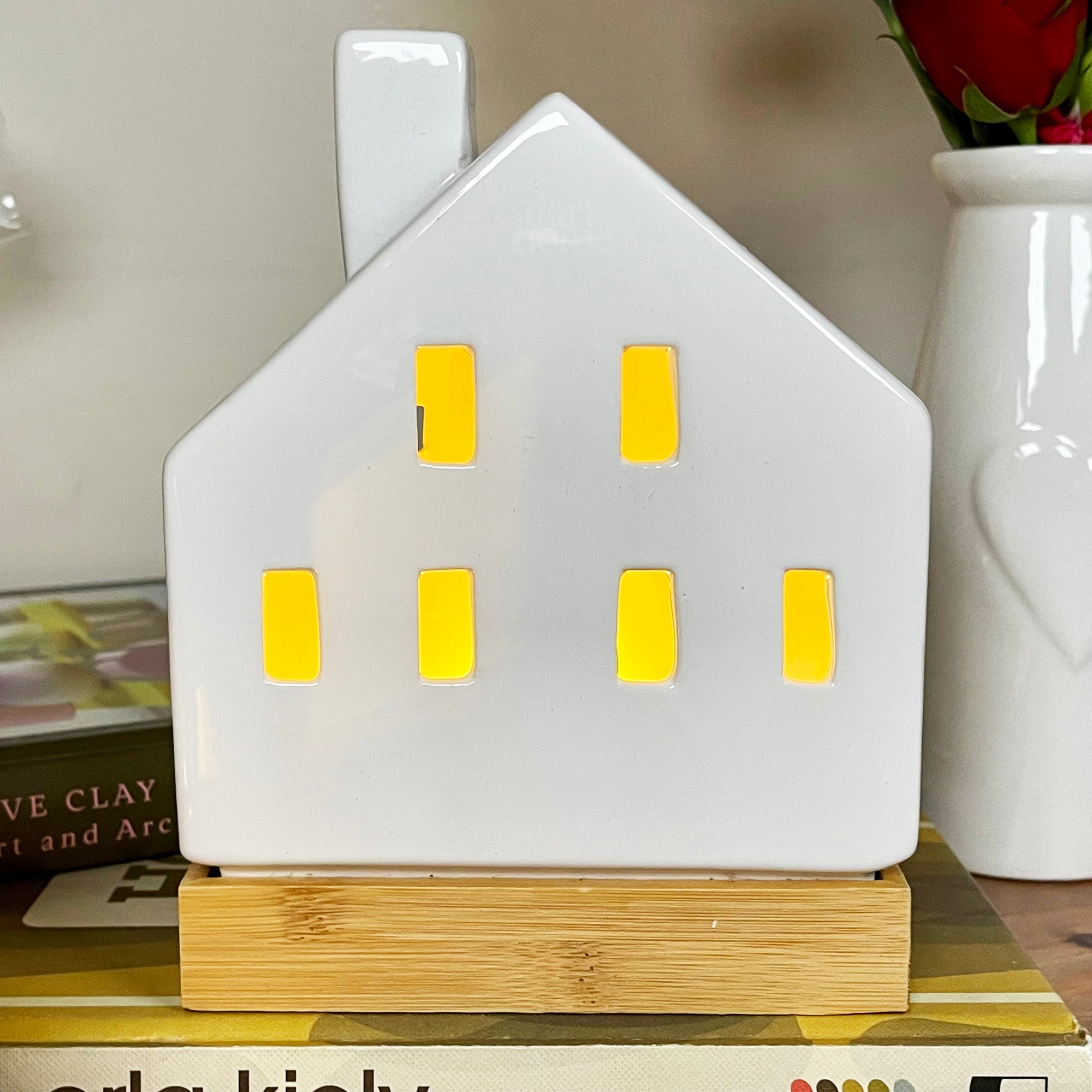Light Up Ceramic House Ornaments With Wood Base