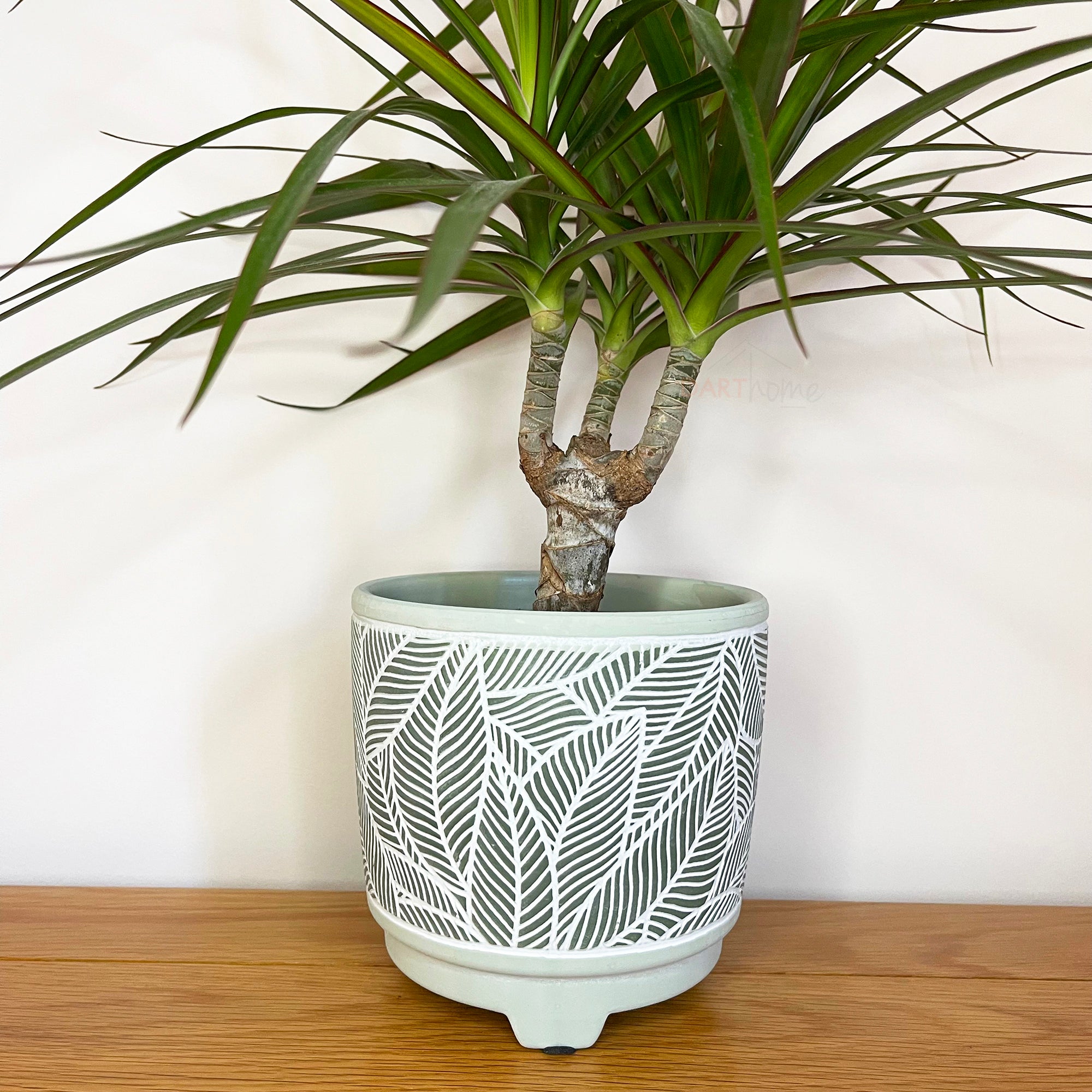 Round Ceramic Green Leaf Indoor Plant Pot W/ Feet 14cm