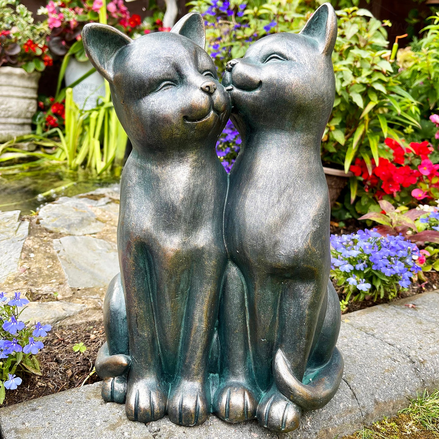 Resin Preening Cats Garden Sculpture