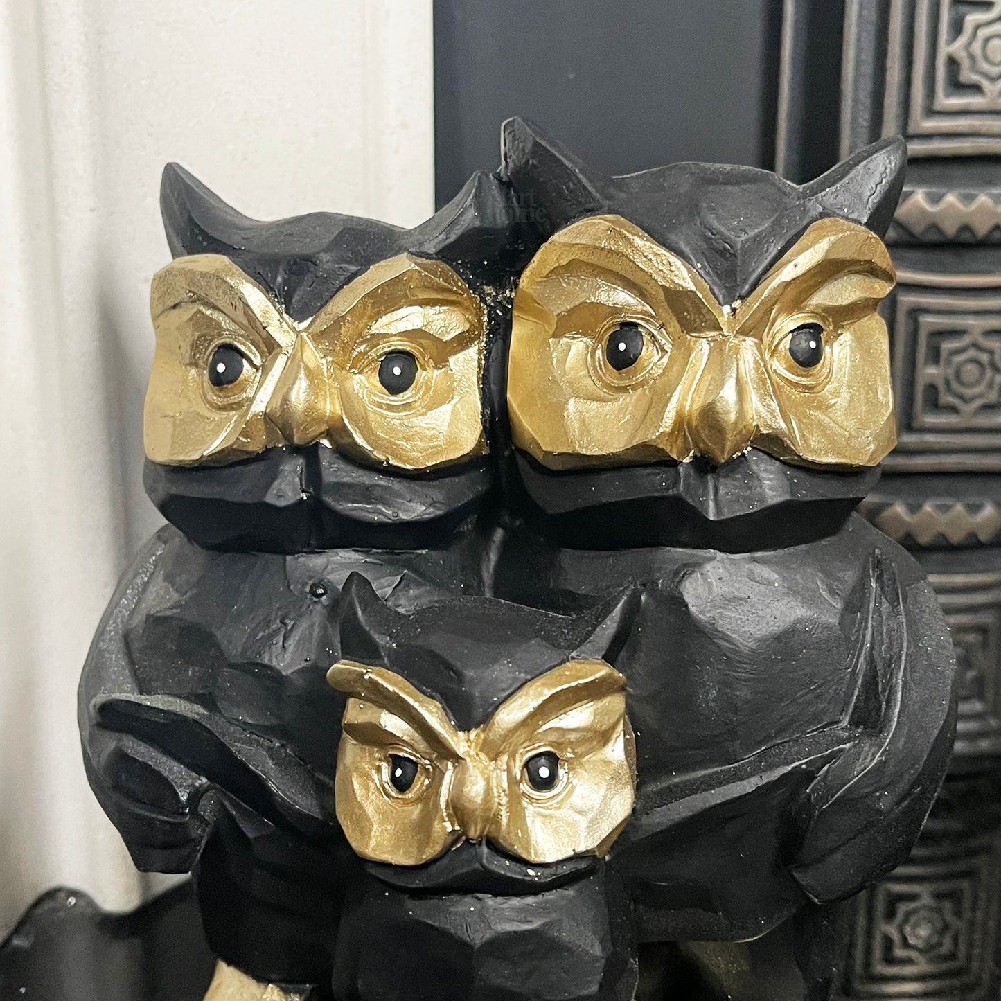 Black And Gold Owl Family Figurine