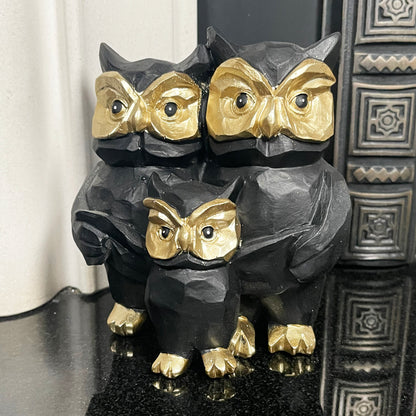 Black And Gold Owl Family Figurine