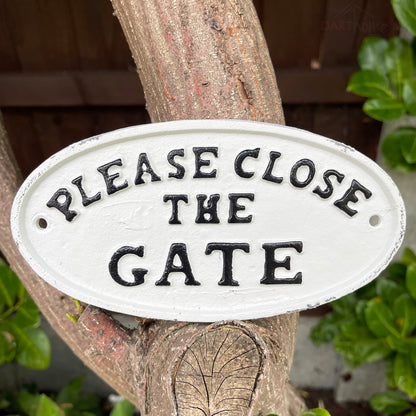 White Cast Iron Please Close The Gate Sign