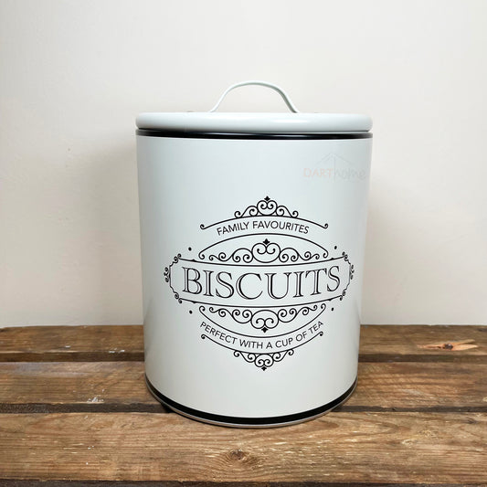 Traditional White & Black Metal Storage Biscuit Tin 21cm