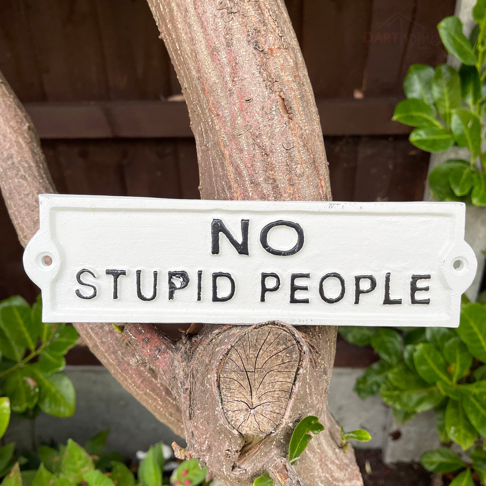 White Cast Iron No Stupid People Sign
