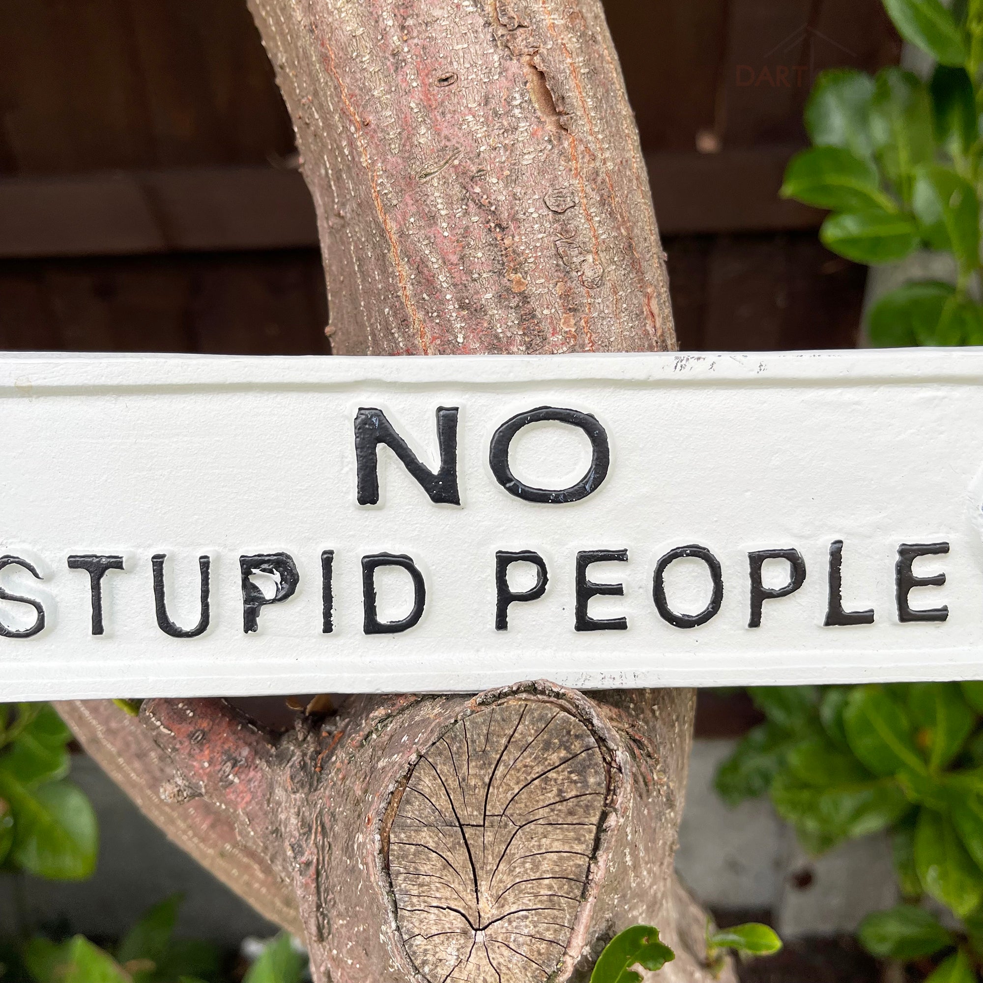 White Cast Iron No Stupid People Sign