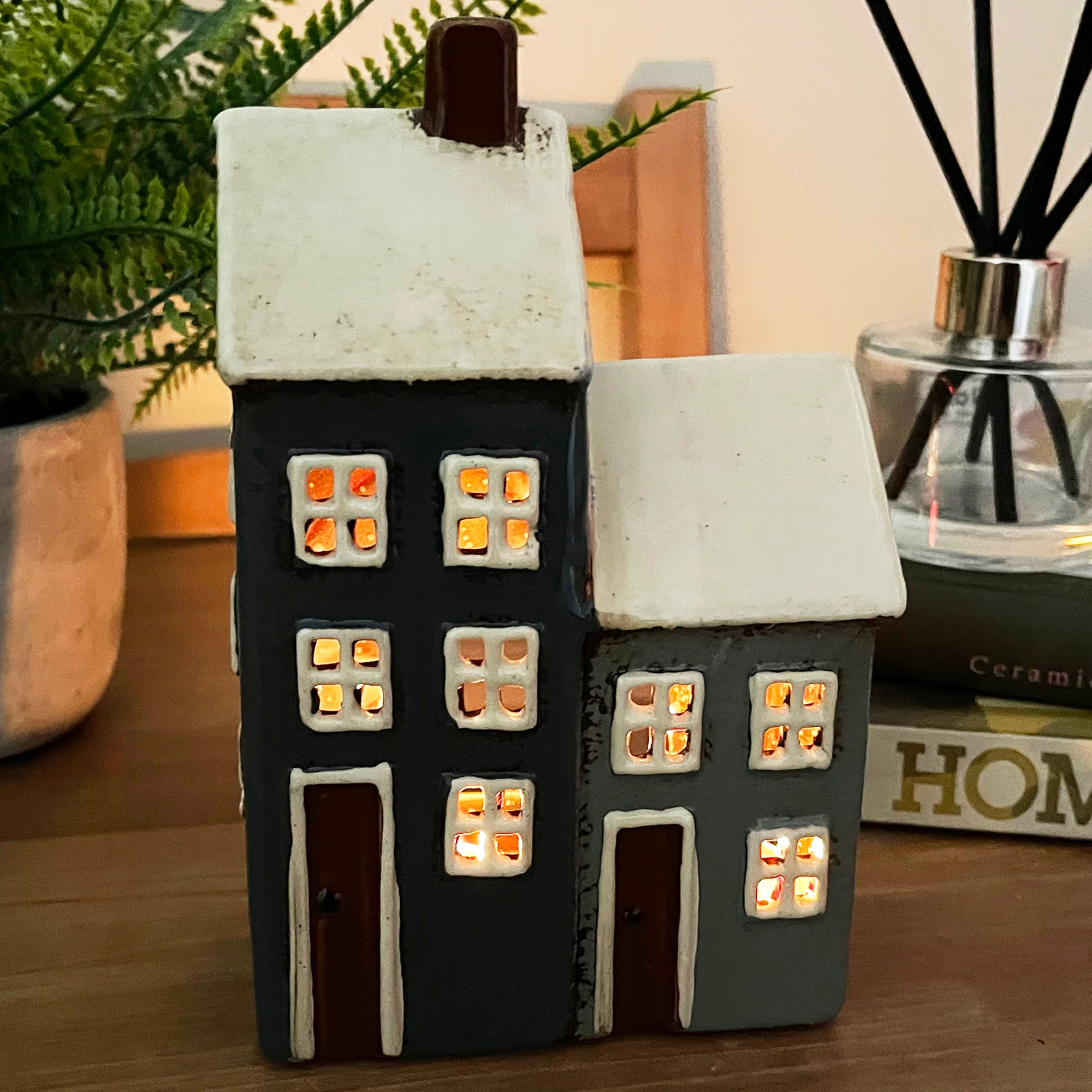 Ceramic 2 Blue Houses Tea Light Holder