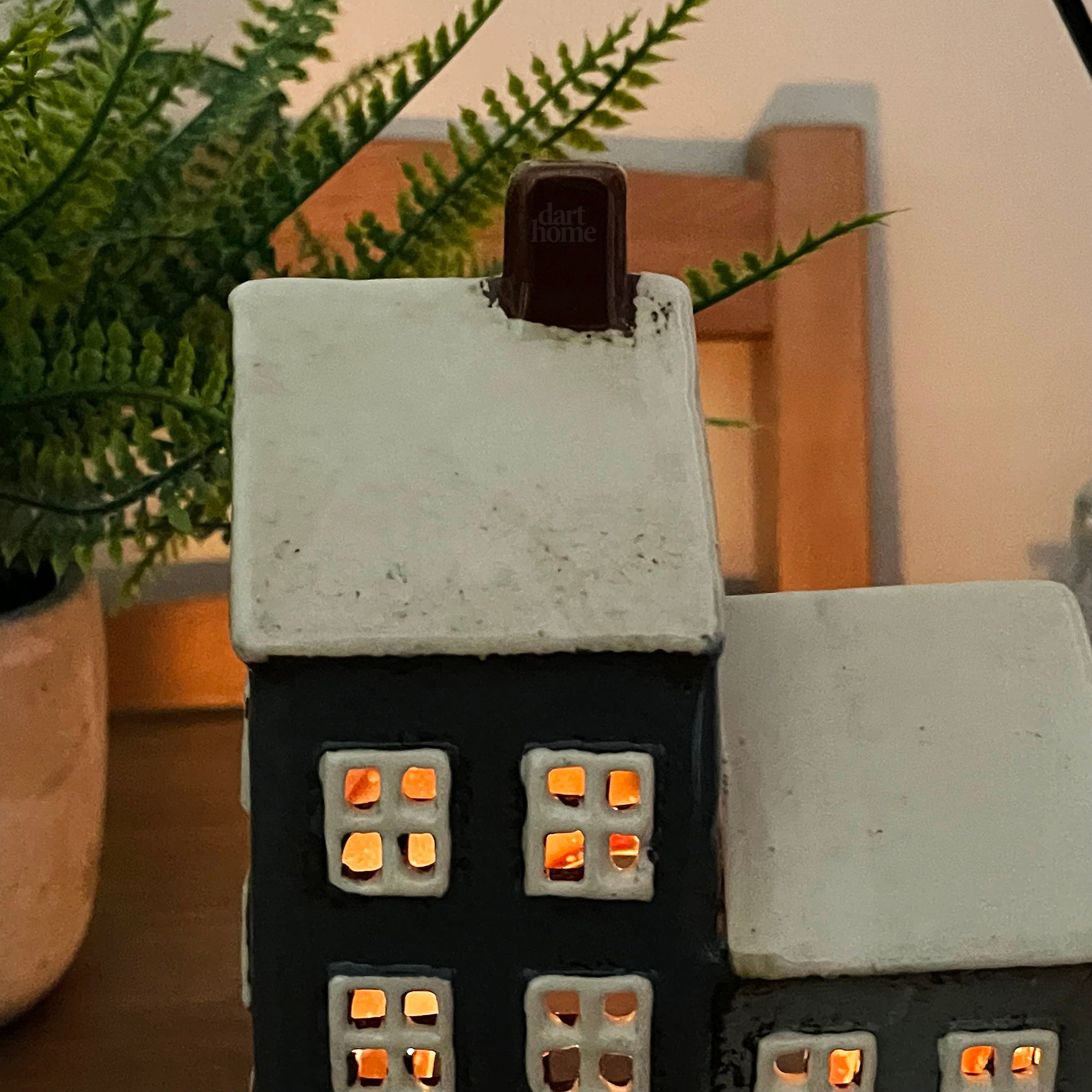 Ceramic 2 Blue Houses Tea Light Holder
