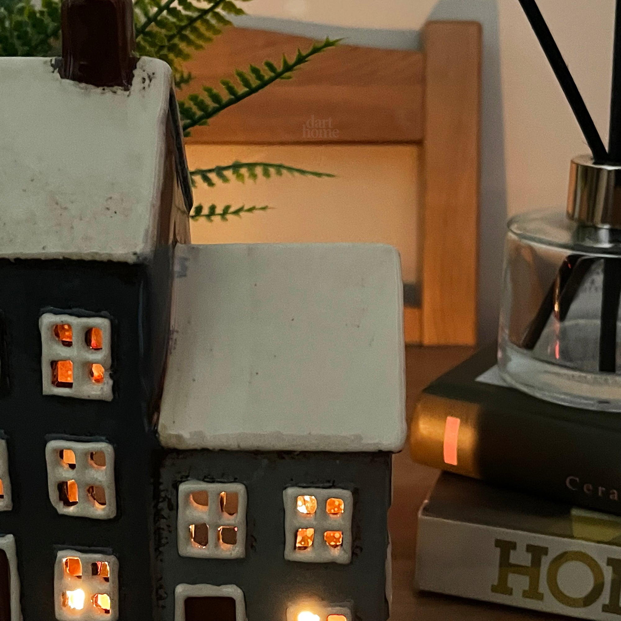 Ceramic 2 Blue Houses Tea Light Holder