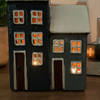 Ceramic 2 Blue Houses Tea Light Holder