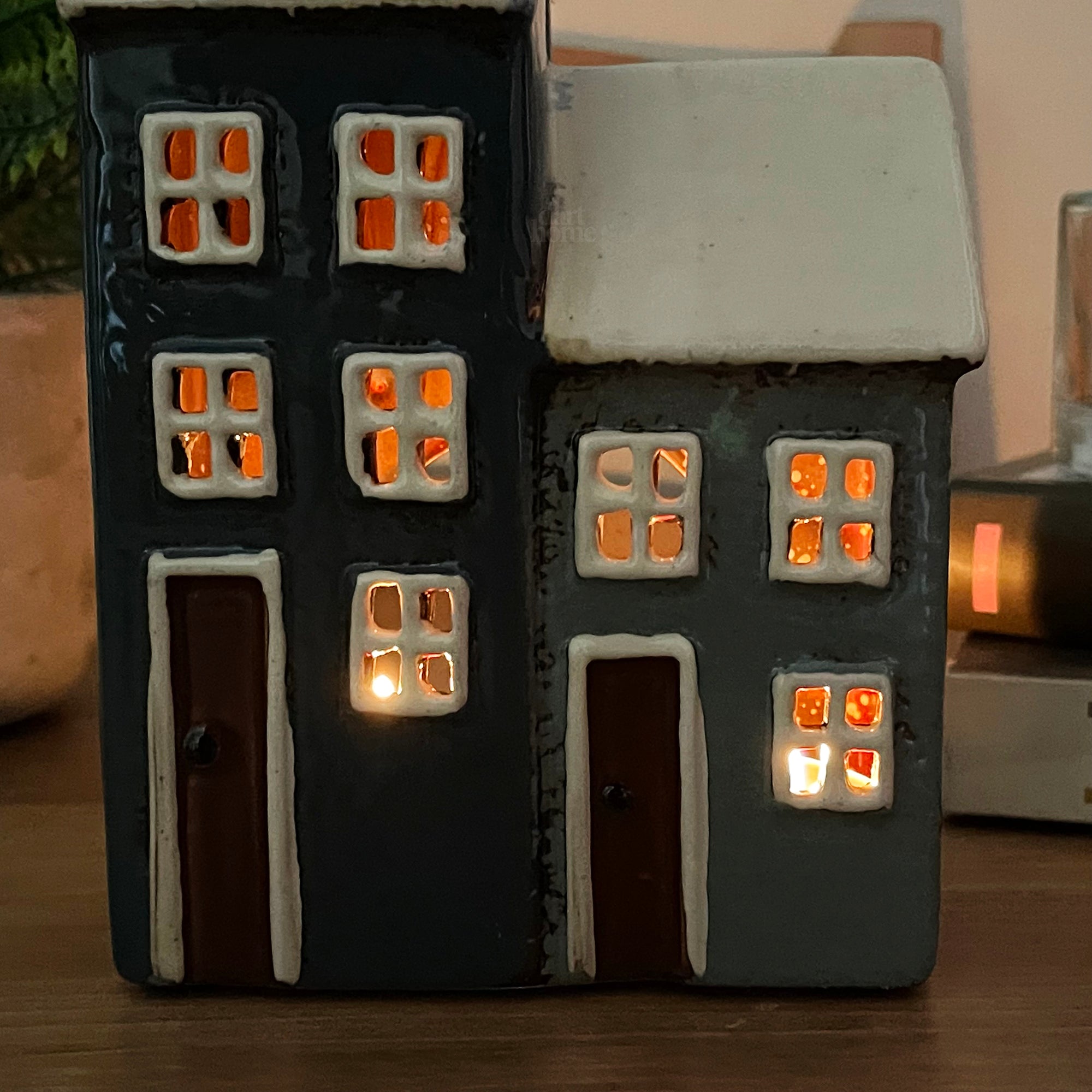 Ceramic 2 Blue Houses Tea Light Holder