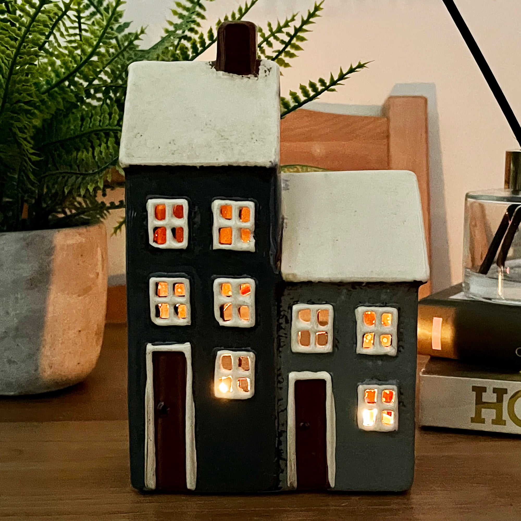 Ceramic 2 Blue Houses Tea Light Holder