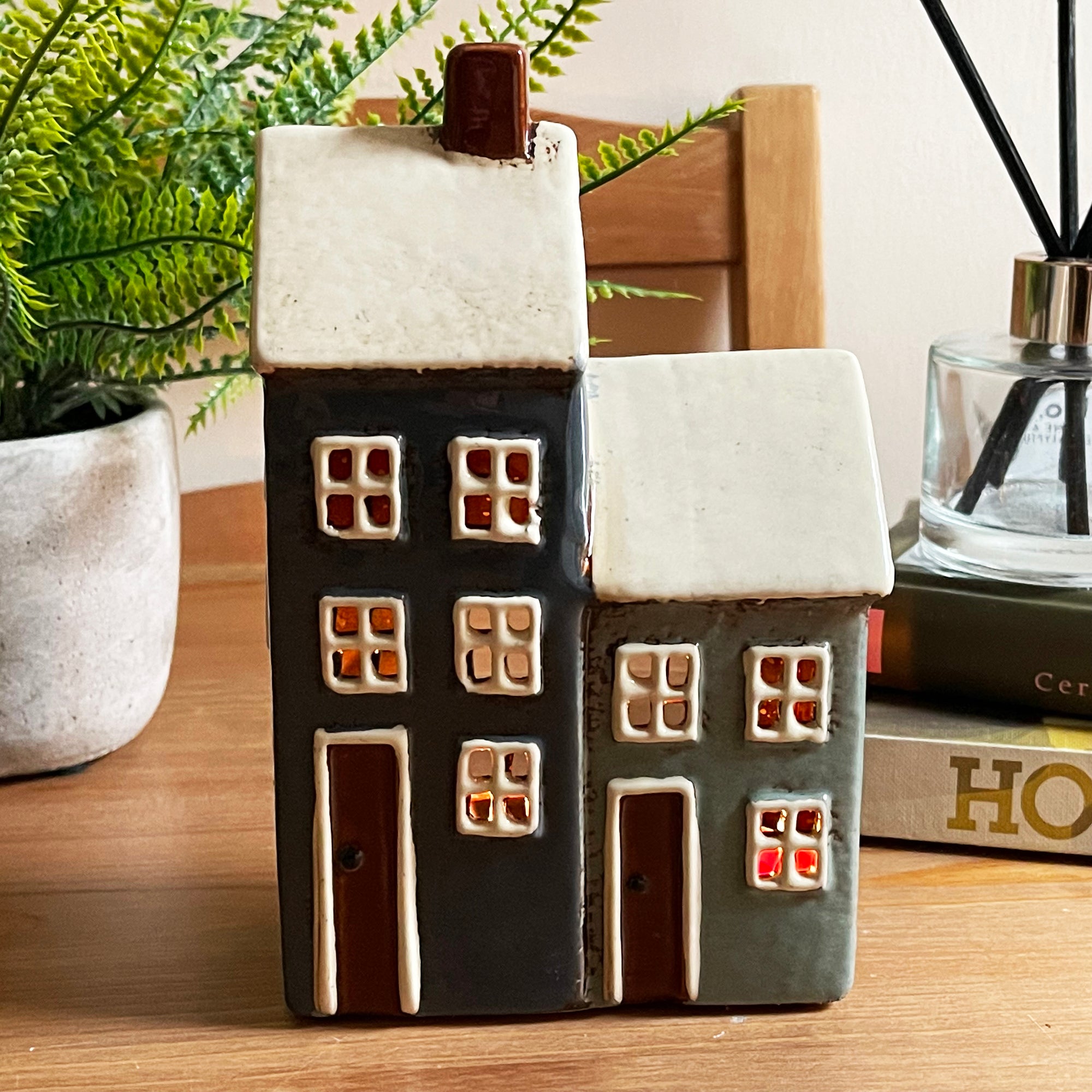 Ceramic 2 Blue Houses Tea Light Holder