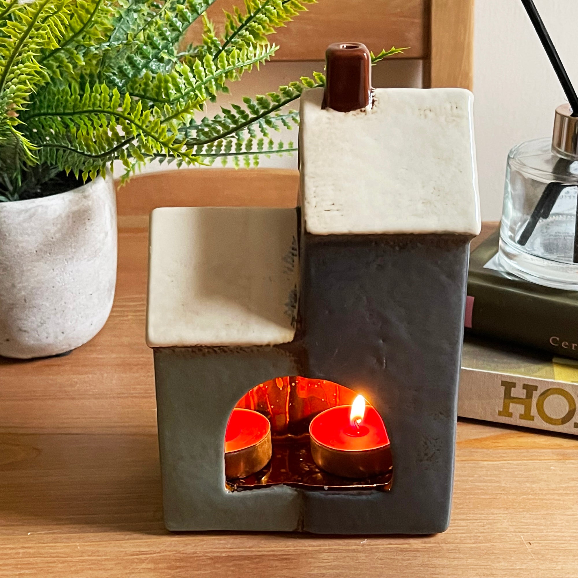 Ceramic 2 Blue Houses Tea Light Holder
