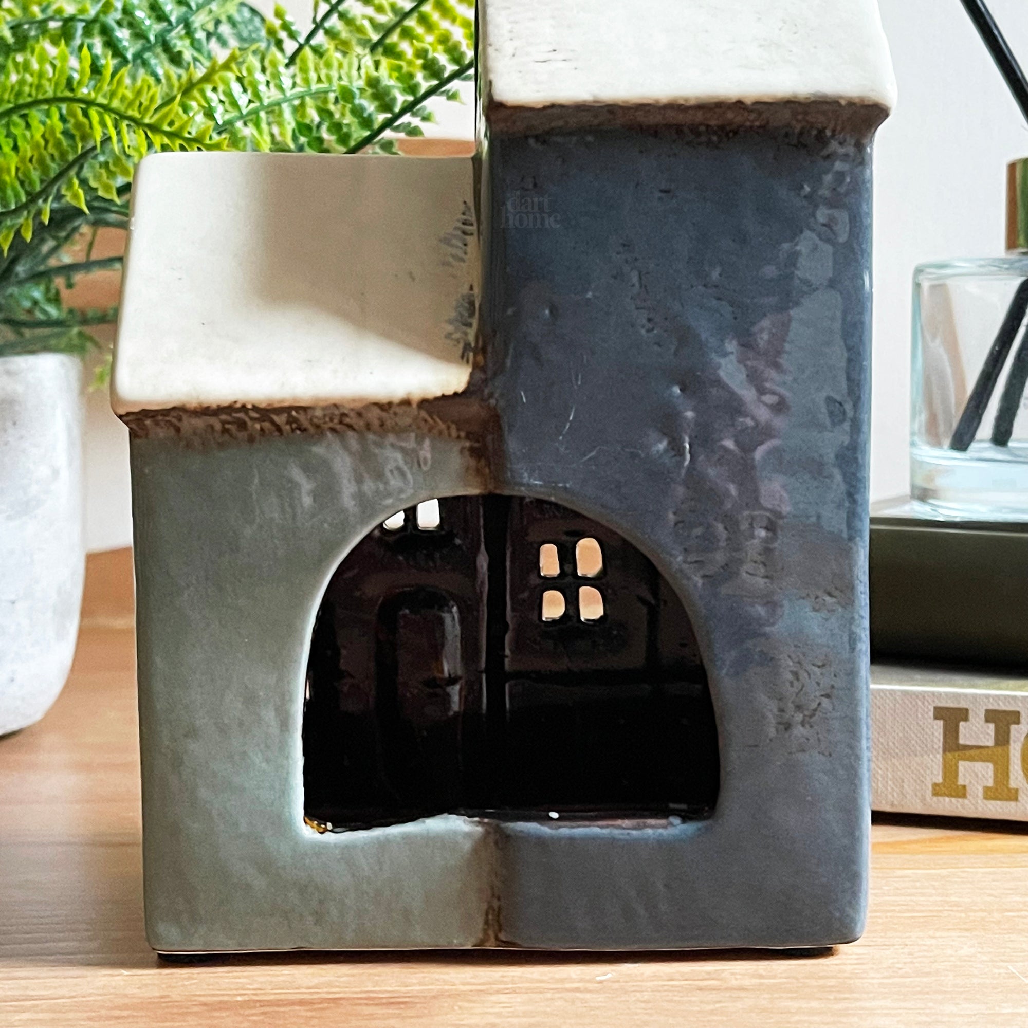 Ceramic 2 Blue Houses Tea Light Holder