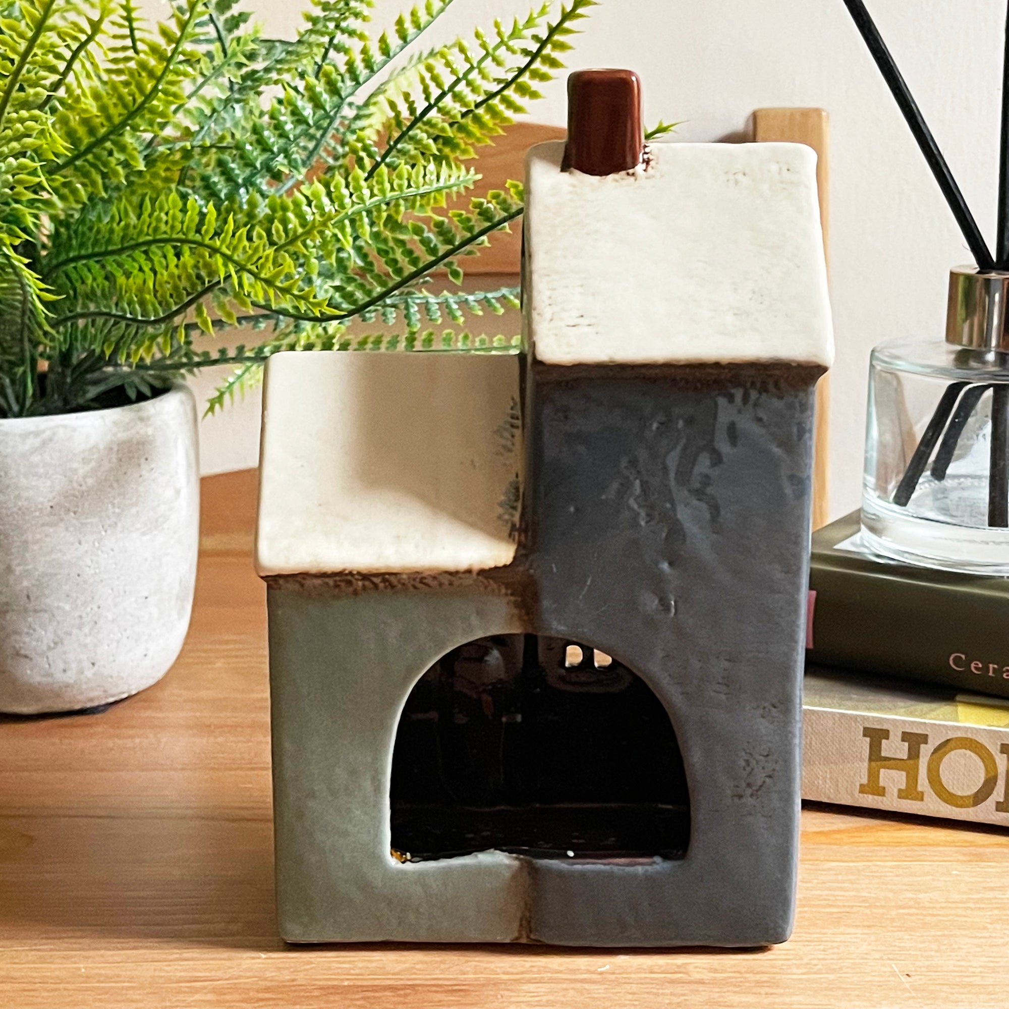 Ceramic 2 Blue Houses Tea Light Holder