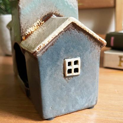 Ceramic Navy Blue 3 Houses Tea Light Holder