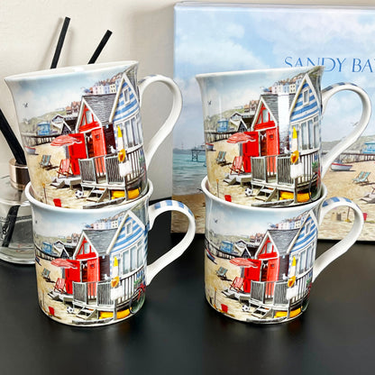 Set Of 4 Beach Hut Fine China Mugs