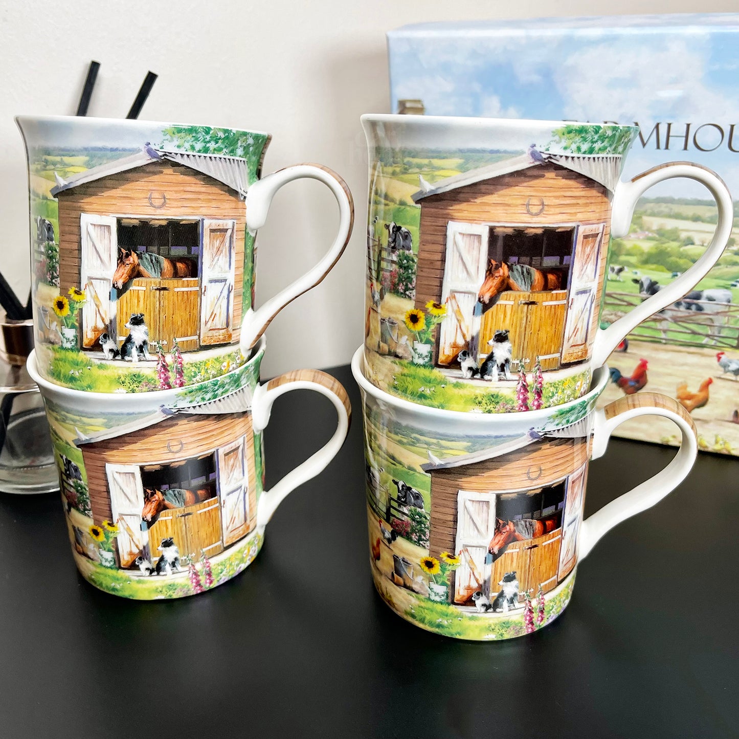 Set Of 4 English Farm Fine China Mugs